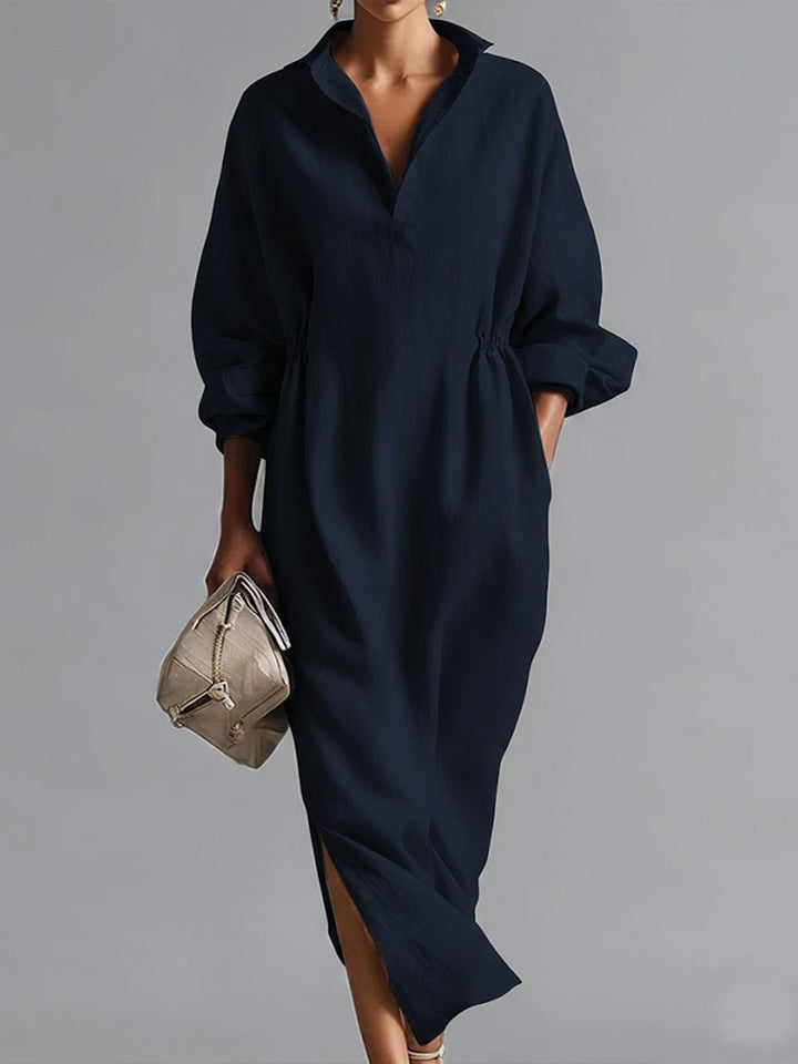 Women's Solid Color Lapel Long-sleeved Casual Loose Cotton Dress